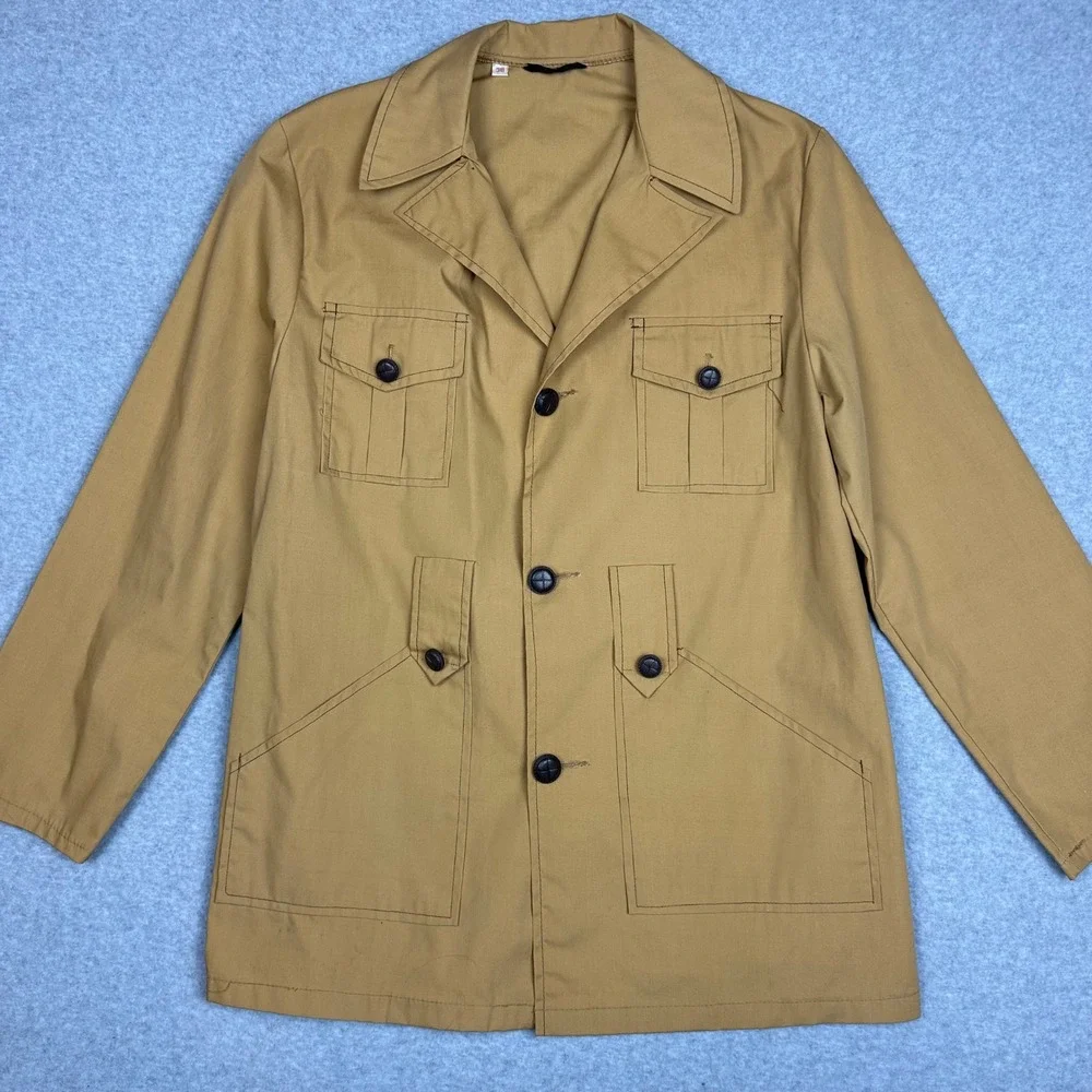 Vintage 70s Safari Field Bush Jacket Tan Khaki Utility Chore Coat Size 38